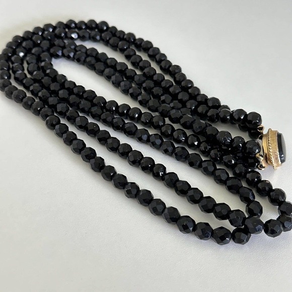 Antique Vintage Black Jet Faceted Bead Double Strand Long Statement Necklace 30" - Picture 5 of 12